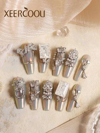 10 件爆炸闪光水钻奢华银色极光水钻重工业紫色奢华水钻纯手工制作指甲长指甲按压指甲套装包括 1 张粘合标签和 1 个迷你锉刀指甲用品指甲