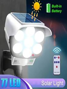 Luz de Segurança de Parede Alimentada por Energia Solar com 30/77 LEDs, Sensor de Movimento COB e Câmera Falsa - Holofote Controle Remoto para Uso Externo, Detecção Humana, Monitoramento Anti-Furto, Iluminação para Jardim, Caminho, Quintal e Pátio