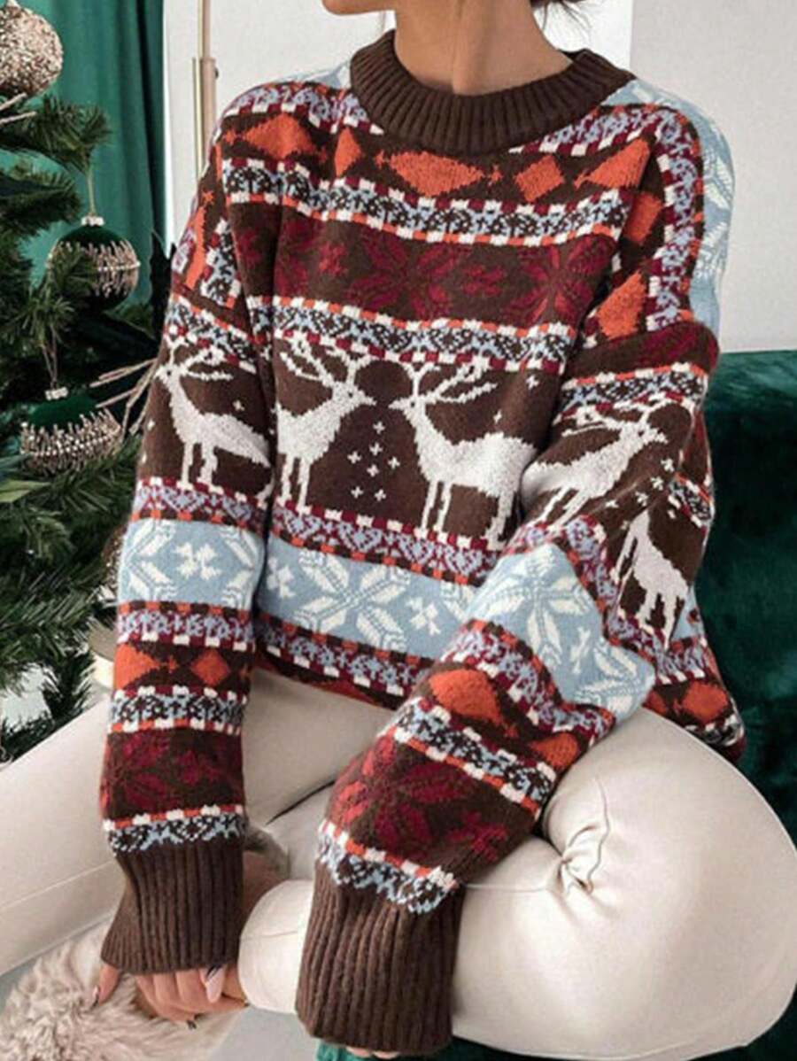 Áo len dệt kim dài tay họa tiết tuần lộc Giáng sinh thường ngày thời trang nữ - màu nâu - Xem 1