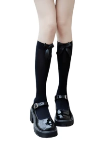 1pair JK Style Bowknot Elegant Long Thigh High Stockings, Velvet Knee Socks