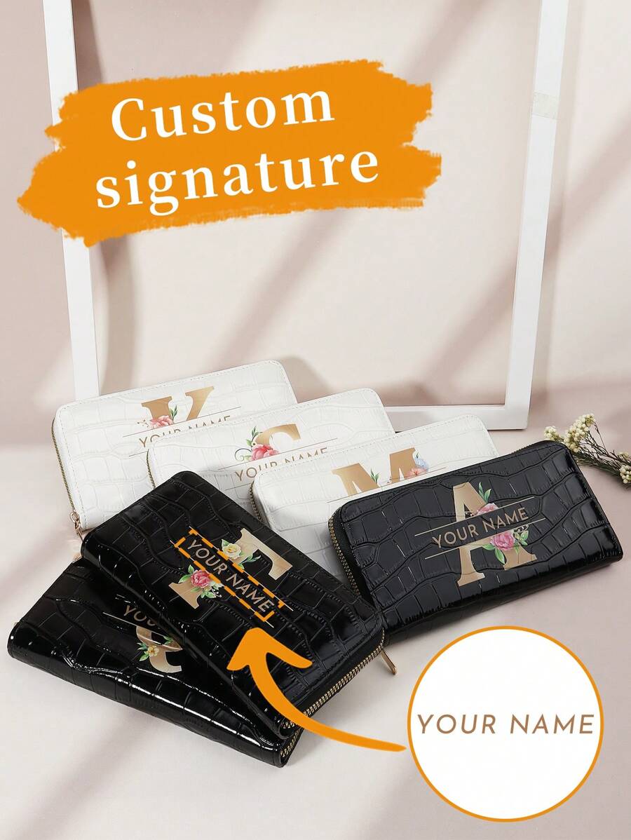 1pc Custom Signature Wallet,Personalized Signature Design Wallet,Custom Signature Wallet,Personalized Wallet With Signature,Custom Signature Wallet,Versatile Coin Wallet,Initial Name A To Z Pattern,Versatile Zipper Coin Long Wallet,Letter Graphic Card Holder Multi-Card Card Organizer For Storage Credit Cards School Supplies For School Dorm Room - White - View 1