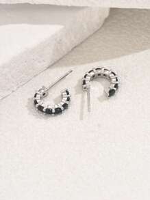 1 对时尚精致 925 西式银饰黑色方晶锆石环形耳环，配 925 银耳环后塞，创意礼物，街头服饰和派对珠宝，适合女性 - 黑色 - 查看 4