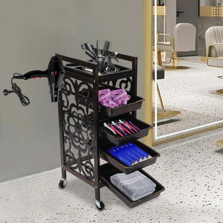 5 Tier Classic Salon Rolling Storage Trolley, Black Brown Barber