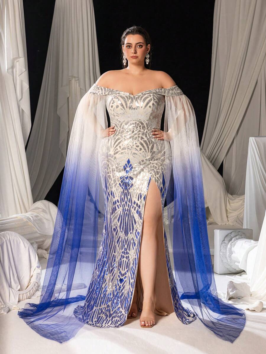 Faeriesty Plus Off Shoulder Cloak Sleeves Ombre Sequin Mermaid Dress