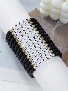 12 件足球锦标赛多层弹力绳软陶瓷和亚克力字母珠手链套装，时尚优雅，适合女性 - 彩色 - 查看 7