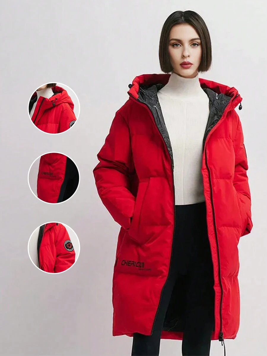 Áo khoác lông vũ Chericom New 2024 thời trang dài vừa phải dày dặn có mũ trùm đầu dành cho nữ, ấm áp và đa năng cho mùa đông - màu đỏ cổ điển - Xem 1