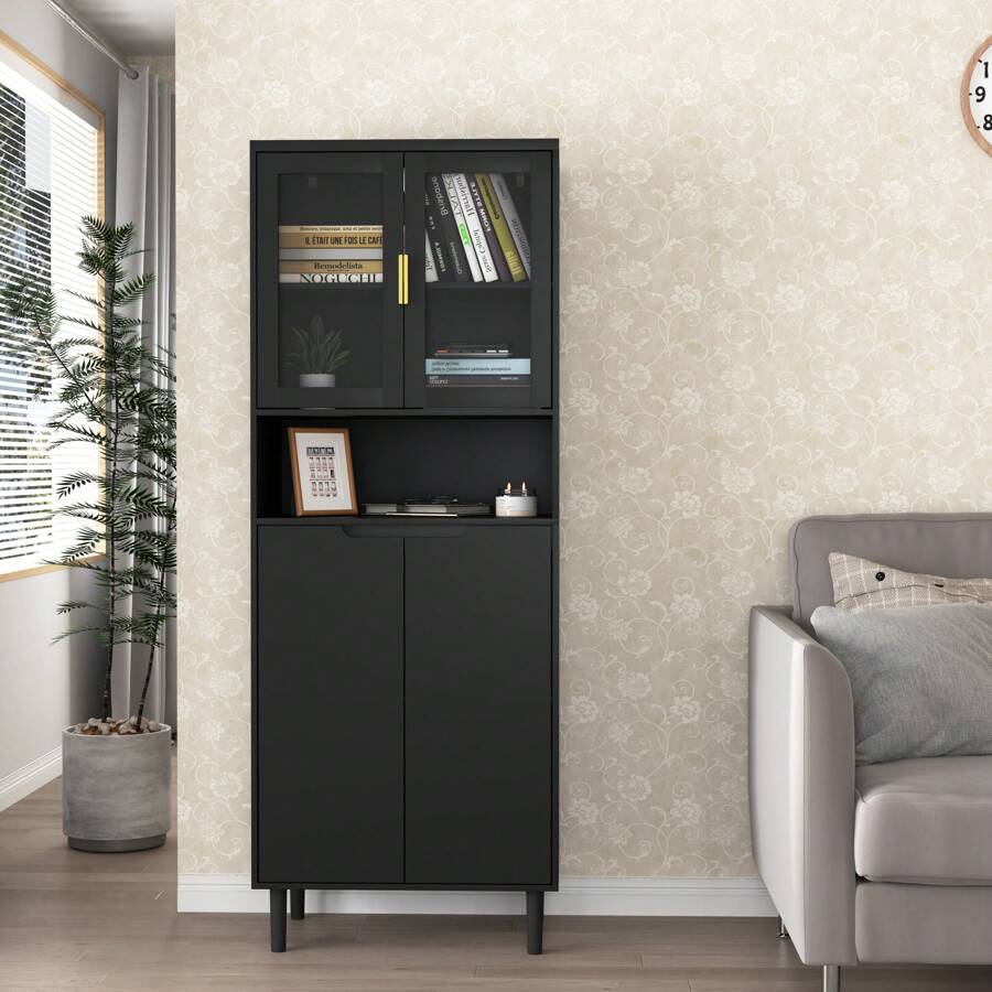 Stylish Tall Storage Bookcase With Glass Doors And Gold Handles