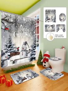 1/2/3/4 Pieces Christmas Collection Shower Curtain, Cute Snowman Woven Shower Curtain, Bathroom Non-Slip Mat, Toilet U-Mat, Toilet Lid Cover Mat, Bathroom Complete Set, Modern Waterproof Bathroom Decoration, Comes With 12 Hooks And A Shower Ball, Multiple Sizes Available Back To School