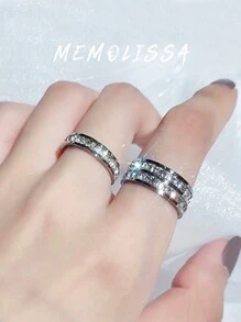 2 件时尚奢华不锈钢方晶锆石情侣戒指，结婚生日周年派对礼物 - 華麗 - 查看 1