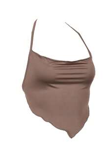 Female Vest, Girls Solid Color Sleeveless Strappy Spaghetti Strap Crop Tops, Matching With High Waist Pleated Skirt, S/M/L - màu nâu - Xem 2