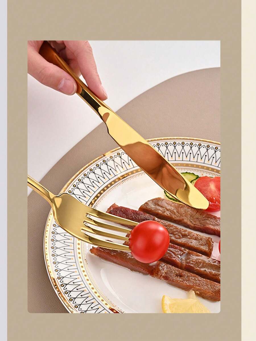 16件金色盒装4人份不锈钢牛排餐具套装刀叉勺茶匙，适合共享餐具，下午茶，酒店，西餐，家庭聚会，学校用餐 - 金色 - 查看 1