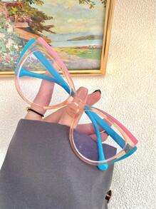 1 pieza Gafas ópticas de ojo de gato para mujer, nuevos marcos de estilo streetwear Y2K para Halloween - Polvo transparente en el lado rosa de la orquídea. - Ver 3