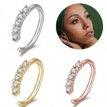 3 件装奢华时尚单排锆石超闪亮水钻鼻环夹式，适合女性，非穿孔鼻饰，适合日常佩戴 - 彩色 - 查看 1