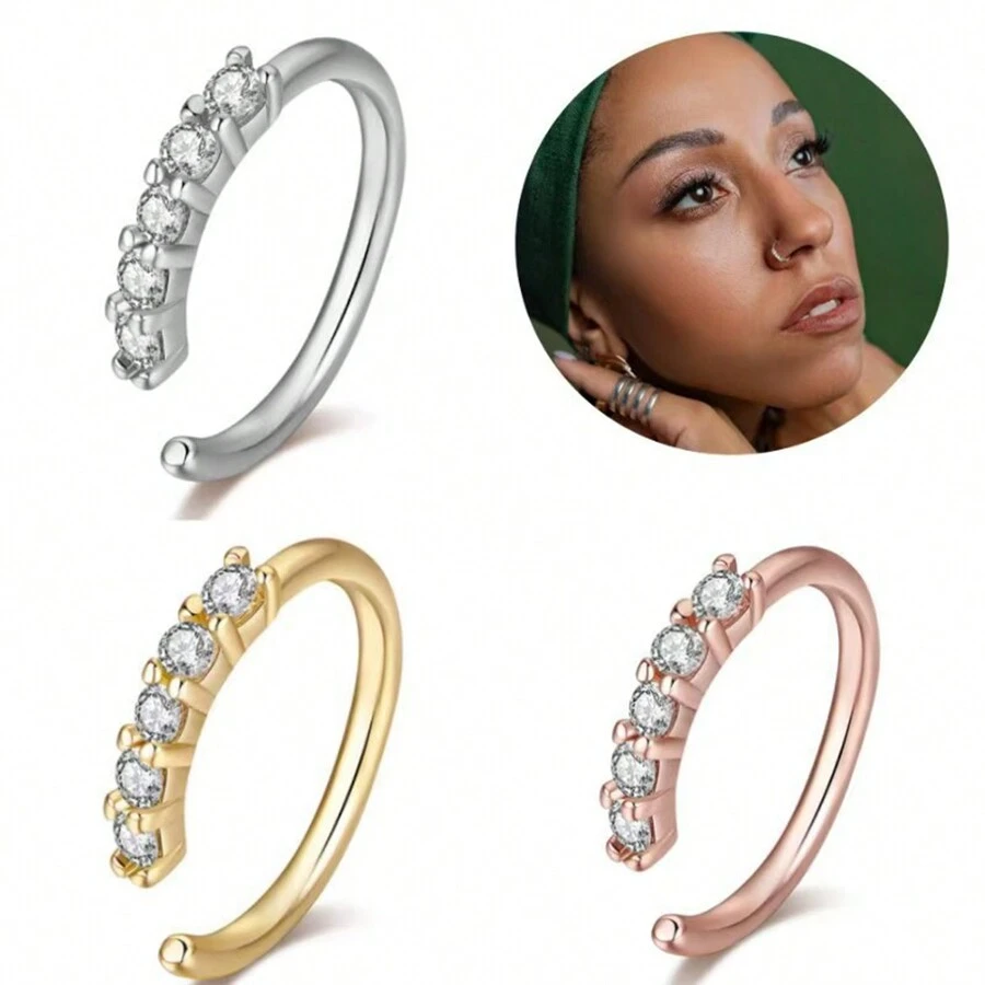 3 件装奢华时尚单排锆石超闪亮水钻鼻环夹式，适合女性，非穿孔鼻饰，适合日常佩戴 - 彩色 - 查看 1