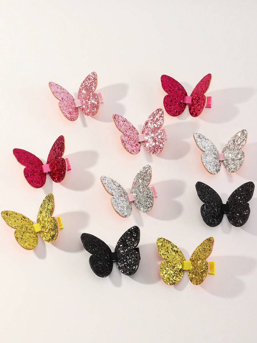 Zestaw 10 spinek do włosów dla dziewcząt z brokatowymi kokardkami, idealnych do codziennej dekoracji - Wielokolorowe - Zobacz 1