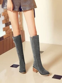 Women's Round Toe Chunky Heel Knee-High Boots, Side Zipper Closure, Casual Riding Boots Grey Suede Retro Style