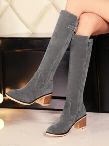 Women's Round Toe Chunky Heel Knee-High Boots, Side Zipper Closure, Casual Riding Boots Grey Suede Retro Style