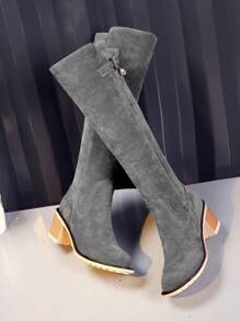 Women's Round Toe Chunky Heel Knee-High Boots, Side Zipper Closure, Casual Riding Boots Grey Suede Retro Style