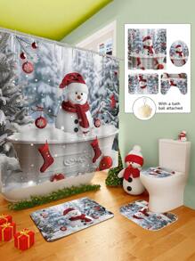 Conjunto de cortina de chuveiro com boneco de neve vermelho de Natal, 1/2/3/4 peças, com 12 ganchos e uma bola de chuveiro, cortina de chuveiro de poliéster impermeável e resistente a mofo, tapete antiderrapante para banheiro, tapete em U para vaso sanitário, capa protetora para vaso sanitário, conjunto decorativo para banheiro, sem necessidade de furadeira, vários tamanhos disponíveis, acessórios de decoração de outono para banheiro, volta às aulas