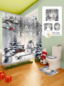 1/2/3/4 Pieces Christmas Collection Shower Curtain, Cute Snowman Woven Shower Curtain, Bathroom Non-Slip Mat, Toilet U-Mat, Toilet Lid Cover Mat, Bathroom Complete Set, Modern Waterproof Bathroom Decoration, Comes With 12 Hooks And A Shower Ball, Multiple Sizes Available Back To School