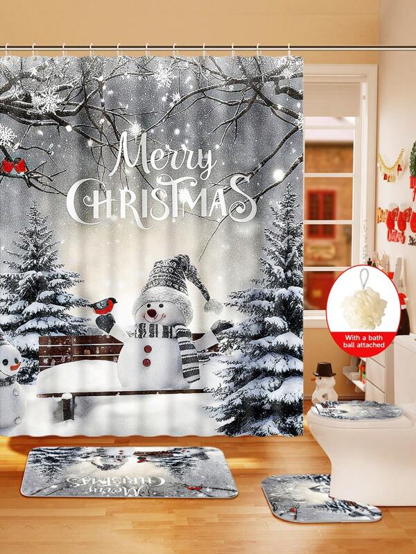 1/2/3/4 Pieces Christmas Collection Shower Curtain, Cute Snowman Woven Shower Curtain, Bathroom Non-Slip Mat, Toilet U-Mat, Toilet Lid Cover Mat, Bathroom Complete Set, Modern Waterproof Bathroom Decoration, Comes With 12 Hooks And A Shower Ball, Multiple Sizes Available Back To School