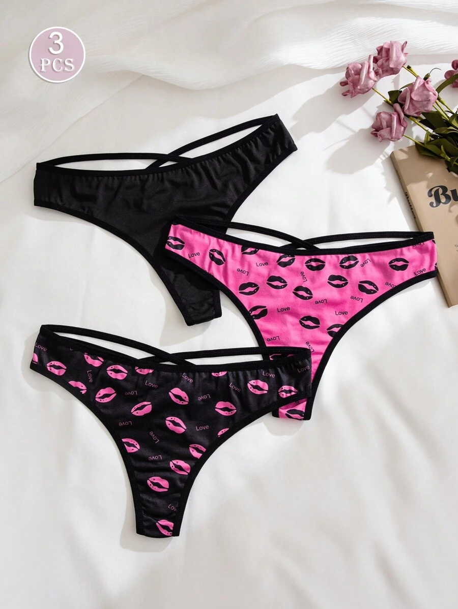 3 件/包 女士唇印后背交叉丁字裤