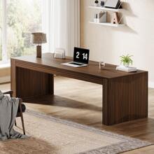 LITTLE TREE 79-Inch Extra Long Desk, Two Person Desk For Home Office, Lengthy Wooden Double Computer Table, Comprehensive Writing Desk For Office, Brown - 棕色 - 查看 3