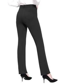 Women's Pants, Solid Color High Waist Elastic Flared Trousers With Pockets For Party Dating - Black - View 3