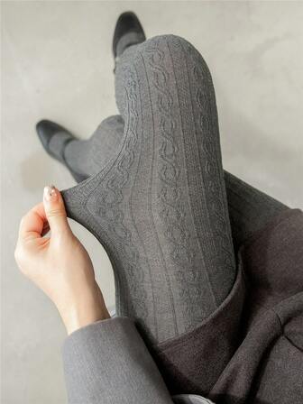 1 pieza de Medias de alta gama de estilo jacquard gris, elásticas, resistentes a los desgarros, con rayas verticales tejidas, de moda, delgadas y cómodas, adecuadas para uso diario para mujeres