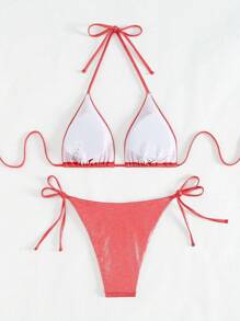 3pcs Red Sparkle Fabric Tie-Up Cover Up Swimwear Set Swimsuits And Swimming Trunks Cover Up, Summer Beach Vacation