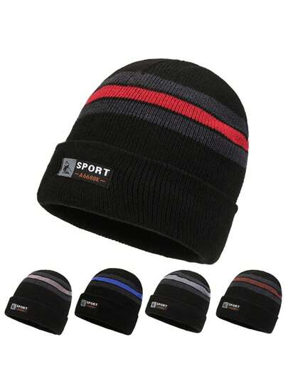 1pc Men Striped Casual Acrylic Embroidered Knitted Beanie Hat, Thermal Lined, For Cycling, Skiing, Outdoor Sports In Autumn/Winter Season Winter Christmas Hat Men Beanie Ski Hat