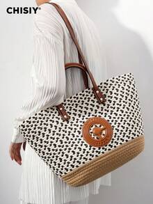 CHISIY Túi Tote Đeo Vai Dệt Bằng Vải Tròn Tương Phản Màu Làm Thủ Công, Túi Xách Đi Làm Công Sở Dung Tích Lớn Đơn Giản, Giản Dị, Túi Đeo Chéo Thanh Lịch Đa Năng, Quà Tặng Halloween Giáng Sinh Thích Hợp Cho Quý Cô Văn Phòng, Dã Ngoại Du Lịch Mua Sắm Ngoài Trời, Mùa Thu Đông - Màu Khaki - Xem 5
