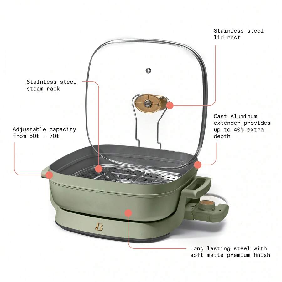 Luxury 5 In 1 Electric Skillet Expandable Up To 7 Qt With Glass Lid
