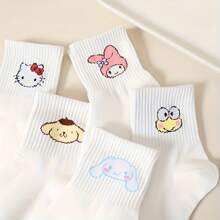 Sanrio 1 pereche de șosete de damă cu model de desene animate, mărime unică, șosete confortabile, respirabile și moi pentru purtarea de zi cu zi, material poliester și spandex ușor de întreținut