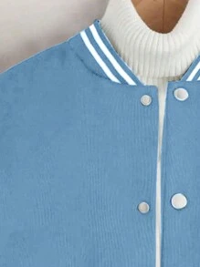 1pc Tween Girl Casual Workout Retro Solid Color Fleece Cardigan, Baseball Style, Spring/Autumn/Winter