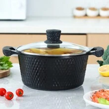 家用不粘锅具套装，包括汤锅和煎锅，采用大理石涂层铝合金制成，适用于燃气灶海鲜煮 - 彩色 - 查看 2