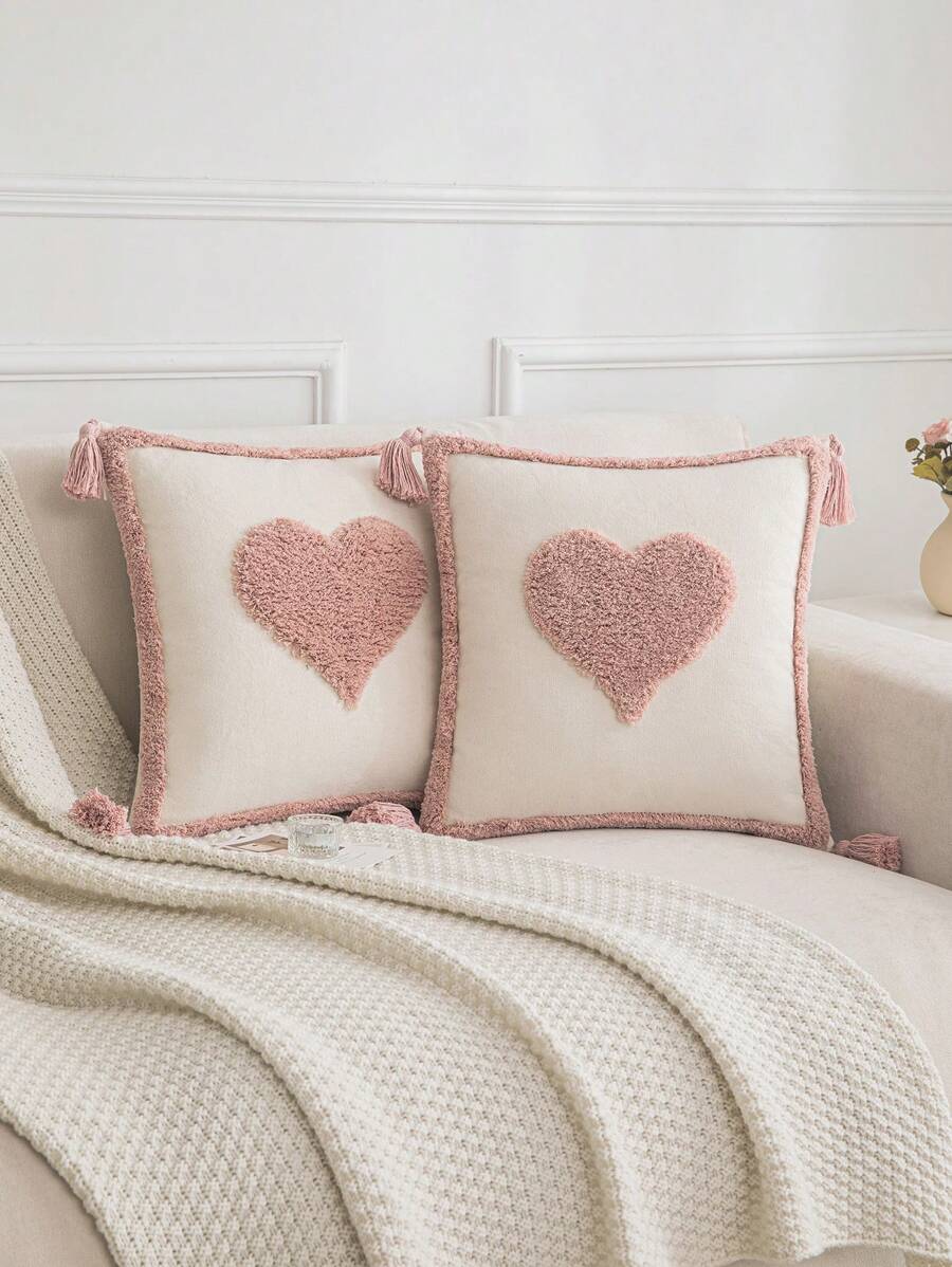 1 Vỏ gối trang trí hình trái tim, Vỏ gối vuông tua rua sang trọng tối giản, Thích hợp cho trang trí phòng khách, phòng ngủ, sử dụng cho mọi mùa - Hồng - Xem 1