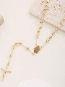 1 Stück klassische Kupfer Jungfrau Maria Perlenkette mit Kreuz Anhänger, geeignet als Geschenk für Freunde und zum lässigen Tragen oder für Festivals, für Frauen