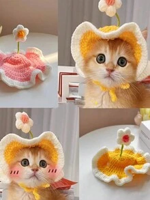 1 chiếc mũ mèo dễ thương in hoa, mũ mèo đan thủ công, phụ kiện trang trí cho chó - Nhiều màu - Xem 3