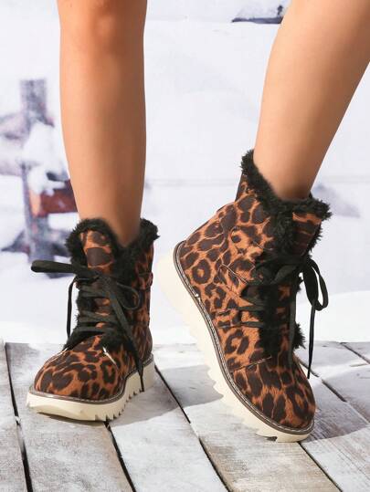 2024 Winter New Round Toe Hook And Loop Casual Thermal Lined Thick Mid-Calf Snow Boots For Women, Leopard Print