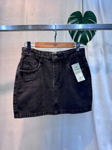 Black Denim Mini Skirt - 黑色 - 查看 3