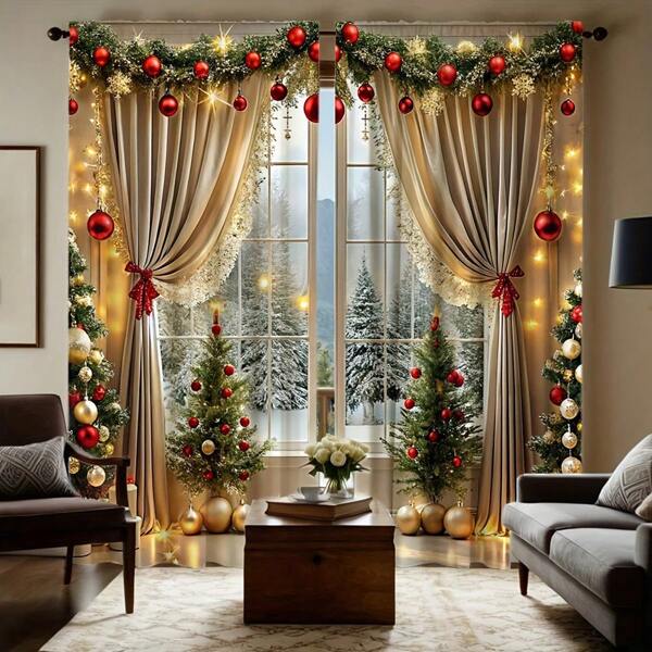 2pcs/Set Luxury Christmas Curtain With Shining Christmas Ball & Tree Pattern, Digital Printing On Polyester, Suitable For Living Room, Kitchen, Bedroom, Study, Bathroom, Hotel, Restaurant, Home Decor, Winter & Christmas