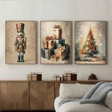 Set Of 3 Unframed Vintage Nutcracker Christmas Tree Poster Rustic Art Xmas Festival Aesthetic Canvas Painting Print Farmhouse Decor Wall Picture For Dorm,Apartment,Living Room,Bedroom,Home Decoration
