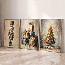 Set Of 3 Unframed Vintage Nutcracker Christmas Tree Poster Rustic Art Xmas Festival Aesthetic Canvas Painting Print Farmhouse Decor Wall Picture For Dorm,Apartment,Living Room,Bedroom,Home Decoration