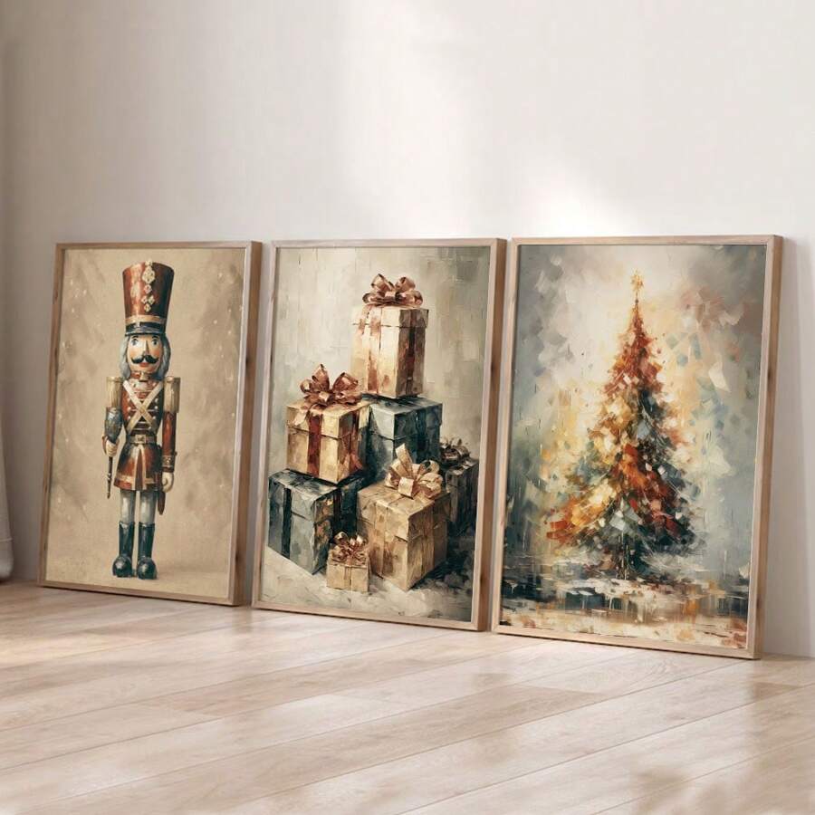Set Of 3 Unframed Vintage Nutcracker Christmas Tree Poster Rustic Art Xmas Festival Aesthetic Canvas Painting Print Farmhouse Decor Wall Picture For Dorm,Apartment,Living Room,Bedroom,Home Decoration