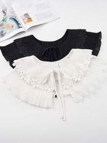 1pc Women's Black & White Double-Layer Lace Trim Chiffon Pleated Tie Shawl - Chiffon Cape Shawl - View 1