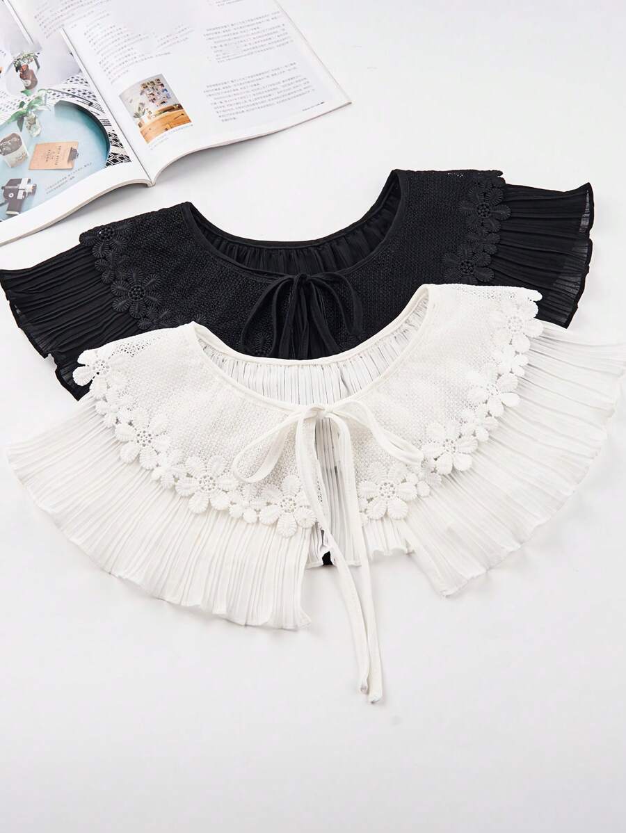 1pc Women's Black & White Double-Layer Lace Trim Chiffon Pleated Tie Shawl - Chiffon Cape Shawl - View 1
