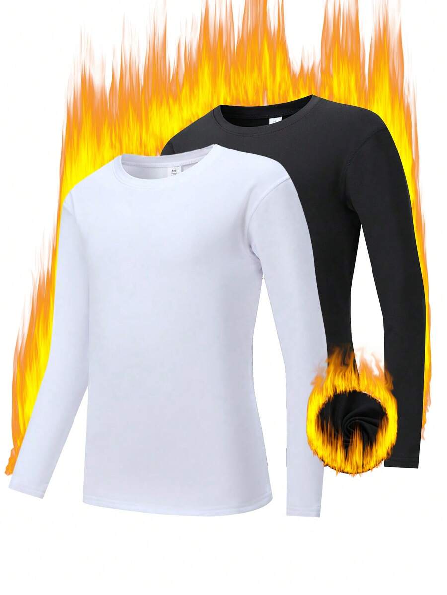 2pcs Boy's Black And White And White Warm Clothes Top, Warm And Cold Clothes Outdoor Ski Base Layer, Home Comfort Pajamas Autumn And Winter Gifts - Black and White - View 1