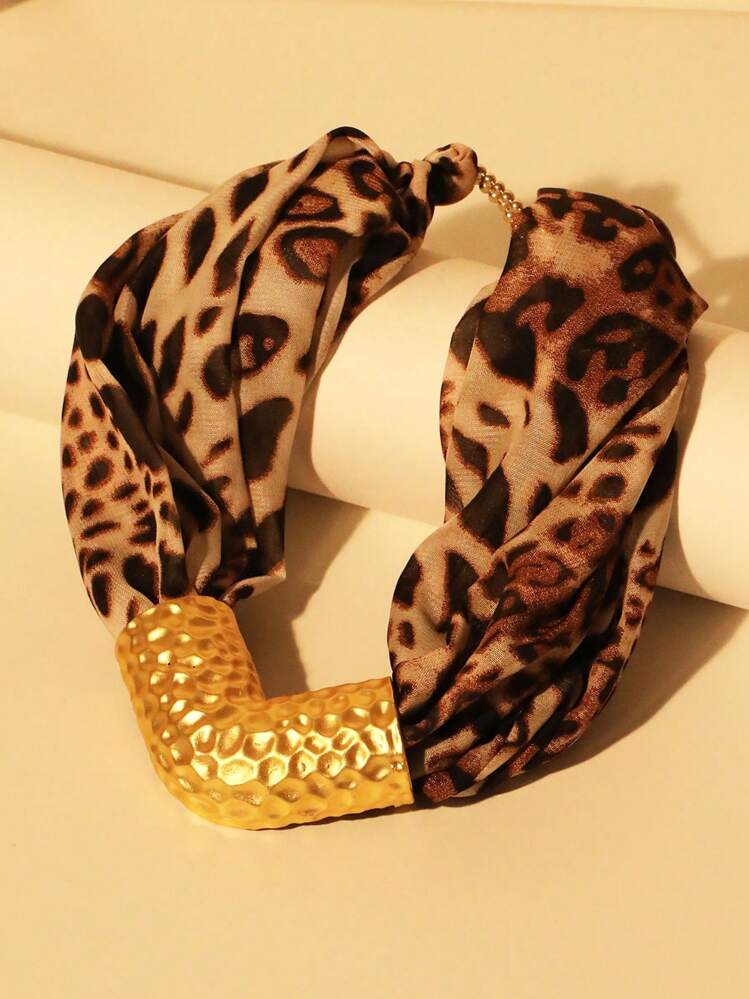 1 件独特的哑光金金属扭管和豹纹图案项链，适合女性晚会和日常佩戴 - 棕色 - 查看 9