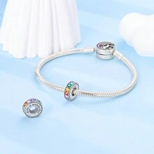 1pc 925 Sterling Silver Beads Rainbow Colored Zirconia Love Shaped Silicone Stopper Starry Sky Charms Beads Fit DIY Bracelets Positioning Bead Fine Jewelry Accessories Valentines